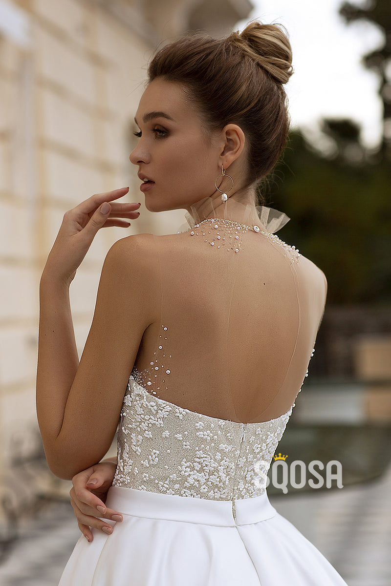Illusion Neckline Pearls Strapless Satin Wedding Dress Bridal Gowns with Train QW8073 US8 / White & Ivory Illusion Neckline Pearls Strapless Satin Wedding Dress Bridal Gowns with Train QW8073 US8 / White & Ivory