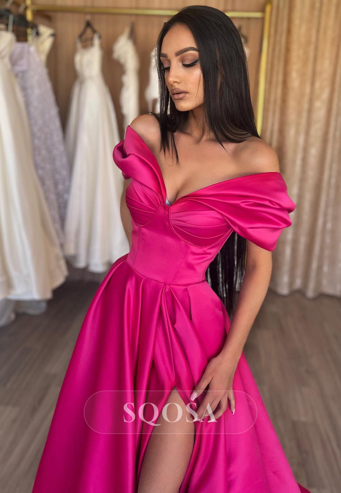 A-Line Off-Shoulder Pink Satin Pleats Long Prom Evening Dress With Slit