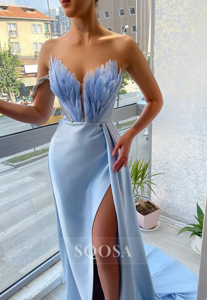 Plunging V-neck Feathers High Split Long Formal Evening Dress