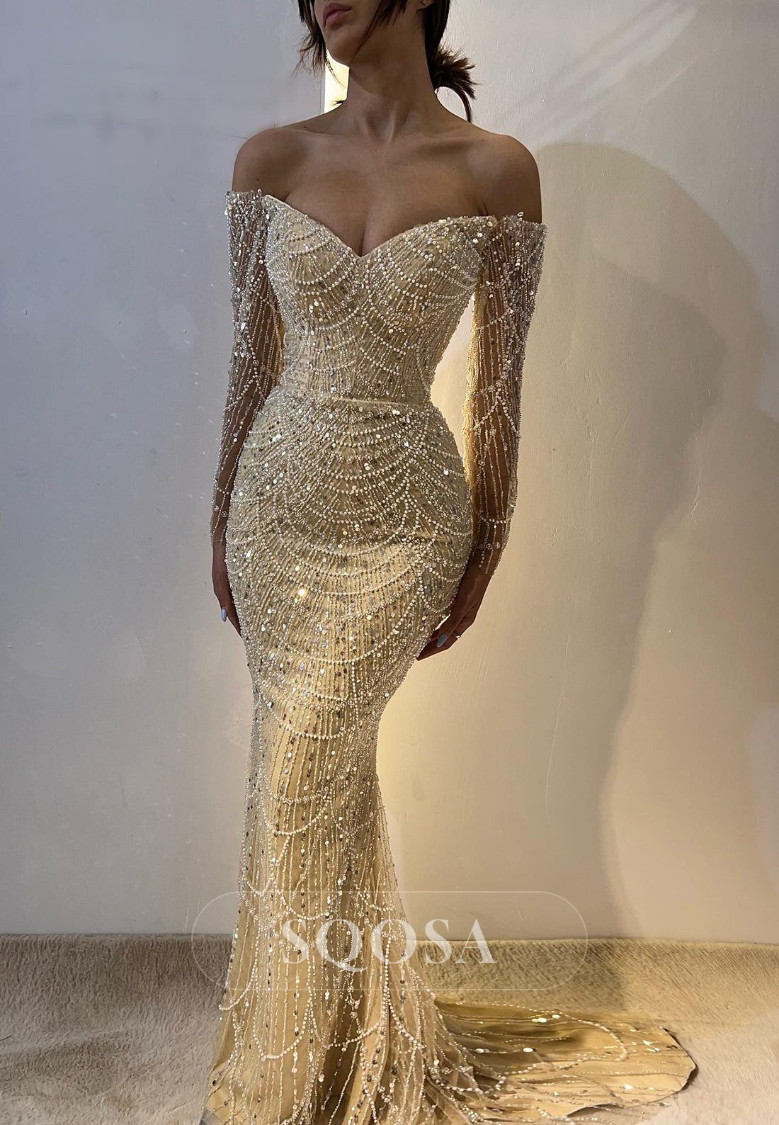 Sqosa Champagne Off Shoulder Beaded Sexy Long Sleeves Prom Dress Evening Dress US4 Custom Color