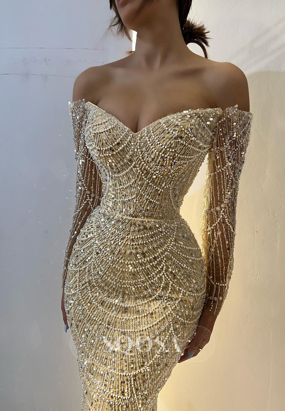 Champagne Off-Shoulder Beaded Sexy Long Sleeves Prom Dress Evening Dress