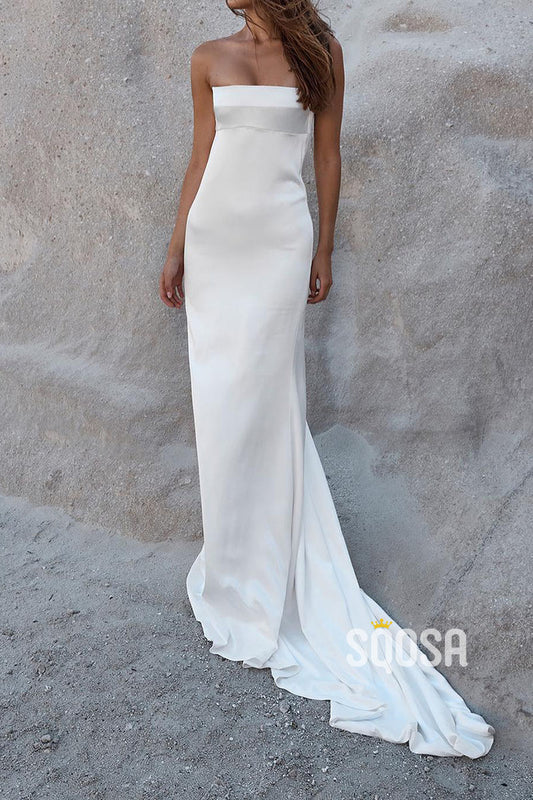 Elegant Fitted Strapless Sleeveless With Train Summer Beach Wedding Dress QW8206