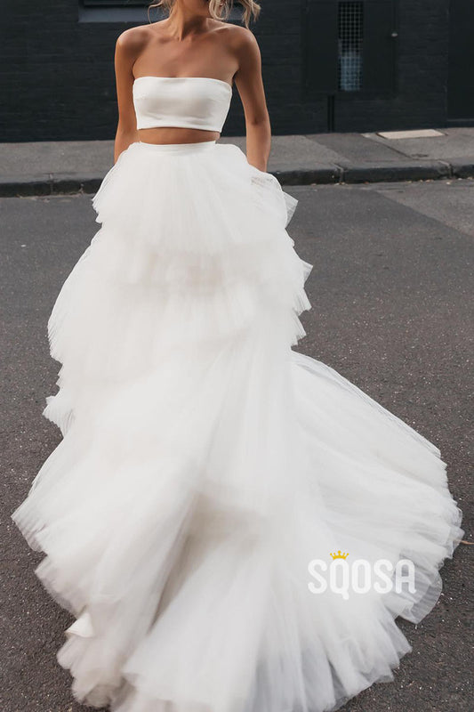 Chic Tulle A-Line Strapless Two-Piece Tiered With Train Wedding Dress QW8203