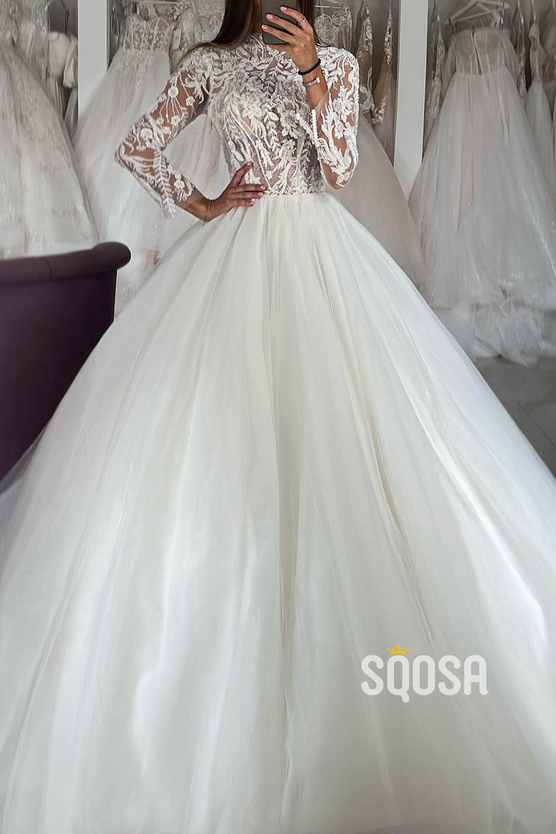 High Neck Long Sleeve Illusion Lace Applique Tulle A-Line Wedding Dress QW8169 US2 / White lvory High Neck Long Sleeve Illusion Lace Applique Tulle A-Line Wedding Dress QW8169 US2 / White lvory