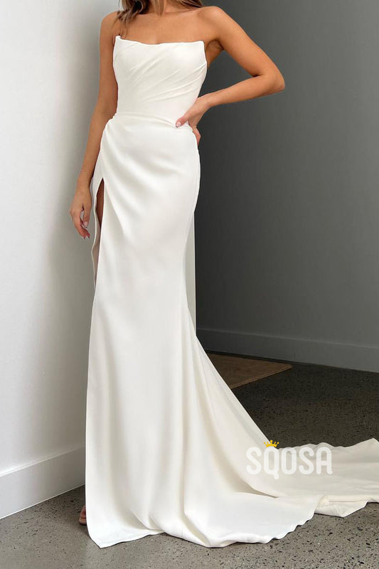 Casual Satin Trumpet Bateau Strapless Ruched With Side Slit Beach Wedding Dress  QW8202