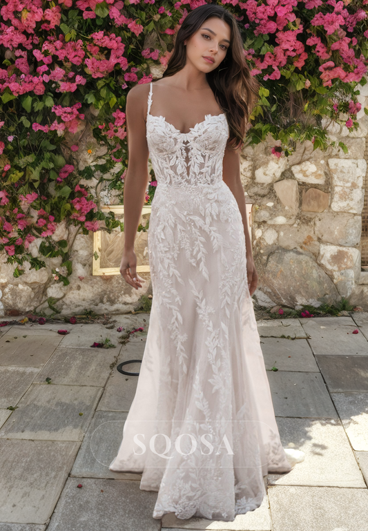 Allover Lace Wedding Dress Open Back Spaghetti Straps Mermaid Wedding Gown