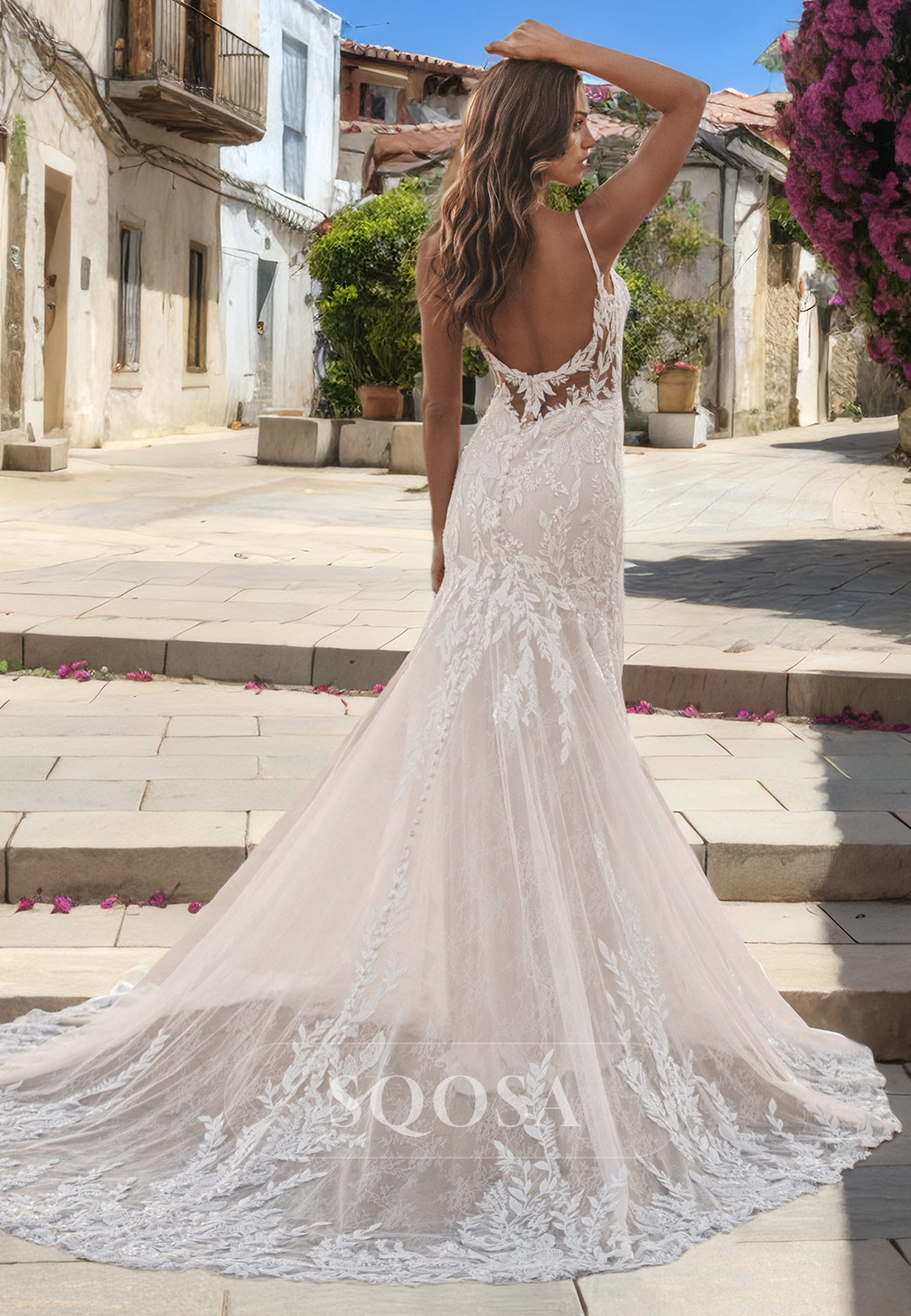 Allover Lace Wedding Dress Open Back Spaghetti Straps Mermaid Wedding Gown