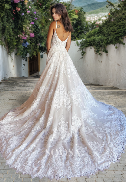 A Line V neck Allover Lace Romantic Wedding Dress with Slit Bridal Gown