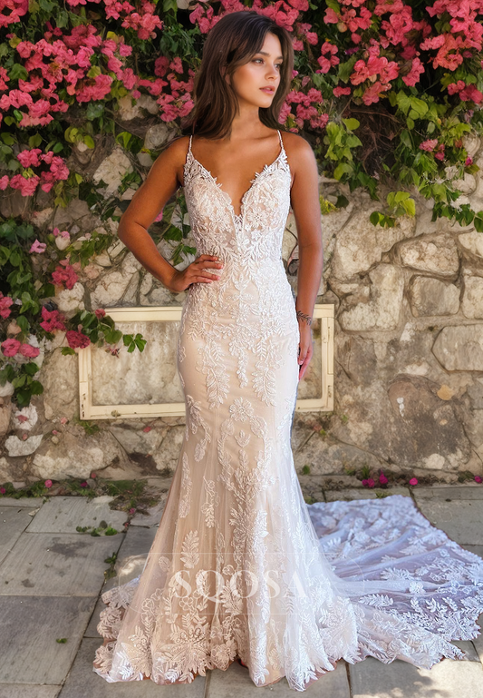 Plunging V necl Allover Lace Wedding Dress with Train Bridal Gown