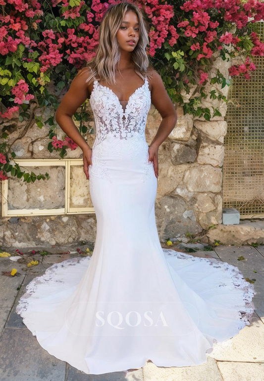 Plunging V Neck Lace Appliques Mermaid Wedding Dress with Train