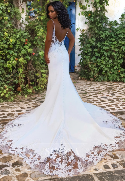 Plunging V Neck Lace Appliques Mermaid Wedding Dress with Train