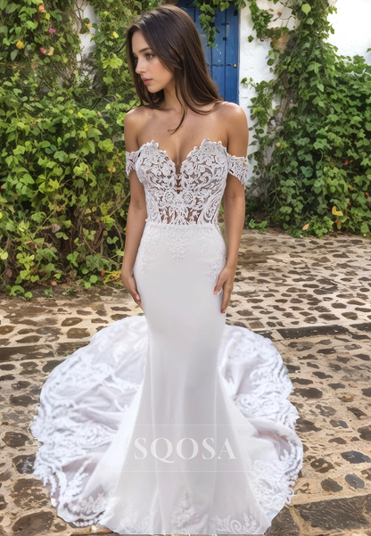 Mermaid Off Shoulder Lace Appliques Romantic Wedding Dress with Train