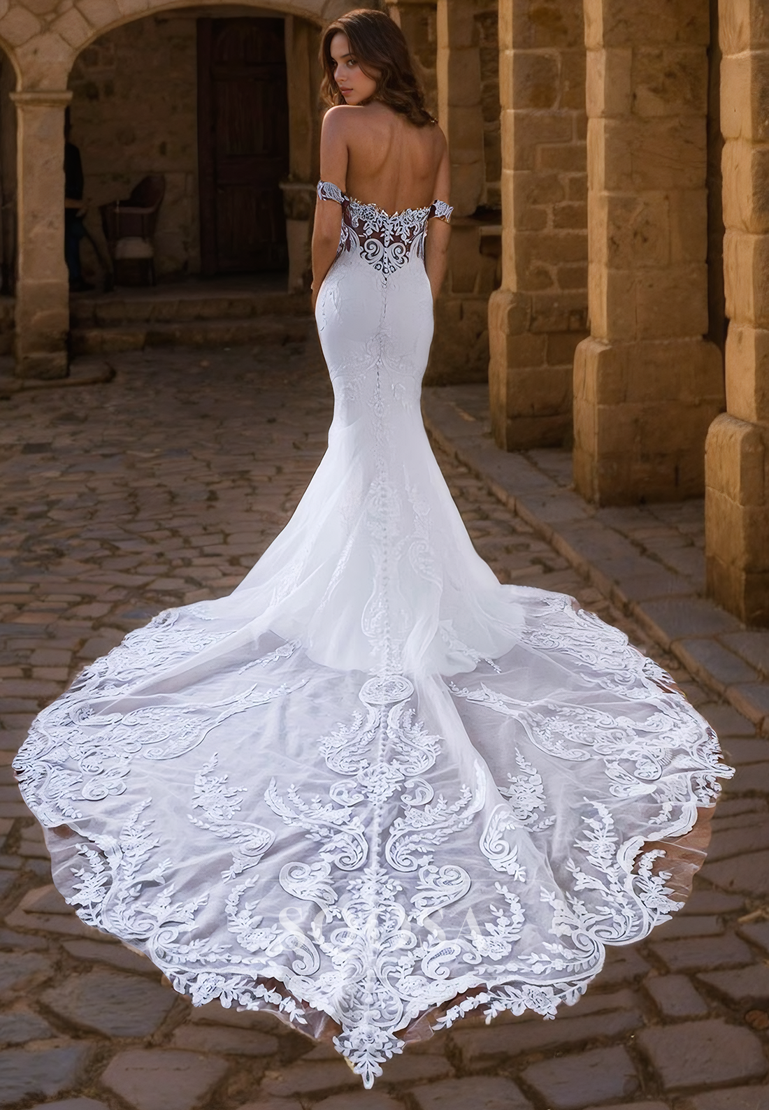 Mermaid Off Shoulder Lace Appliques Romantic Wedding Dress with Train