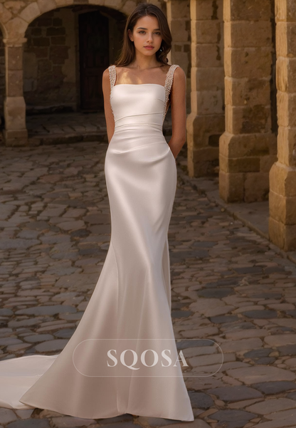 Spaghetti Straps Square Satin Mermaid Wedding Dress with Overskirt