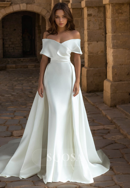 white satin off the shoulder dress Sheath Off Shoulder Satin Simple Wedding Dress with Train US2 / White