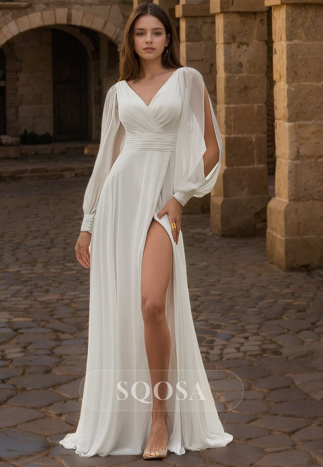 A Line V Neck Chiffon Pleats Long Sleeves Beach Wedding Dress with Slit