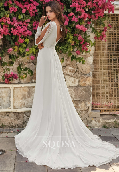 A Line V Neck Chiffon Pleats Long Sleeves Beach Wedding Dress with Slit