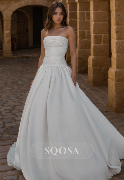 A Line Strapless Satin Elegant Wedding Dress with Train