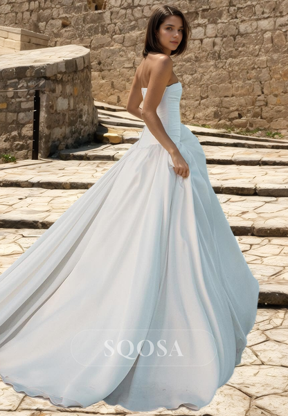 A Line Strapless Satin Elegant Wedding Dress with Train