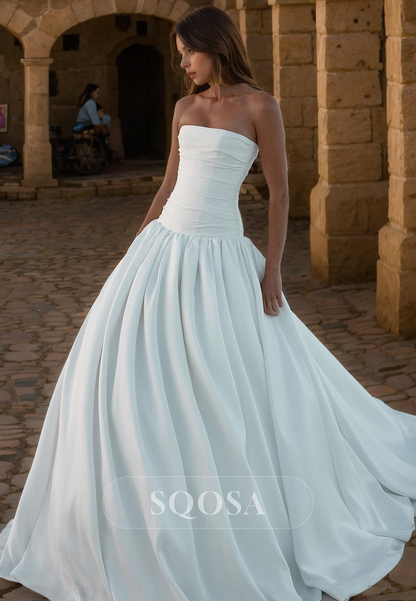 A Line Strapless Satin Elegant Wedding Dress with Train