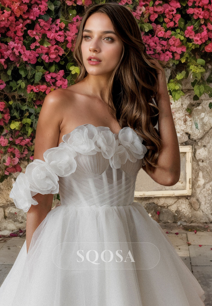 A Line Off Shoulder Flowers Short Beach Wedding Dress