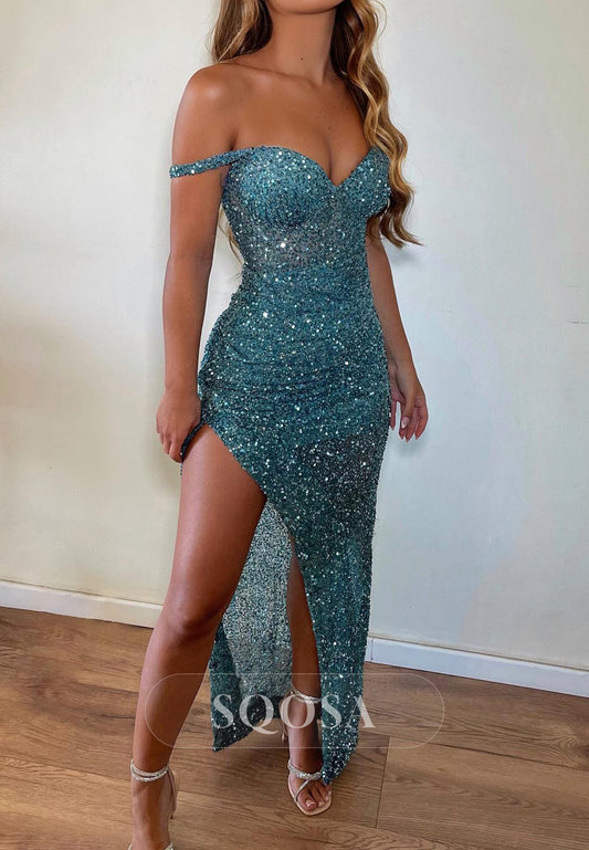 Sexy Fitted Off-Shoulder Sequined With Side Slit Party Prom Evening Dress QP3564