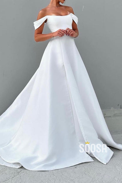 Satin A-Line Bateau Off-Shoulder With Train Elegant Wedding Dress QW8193