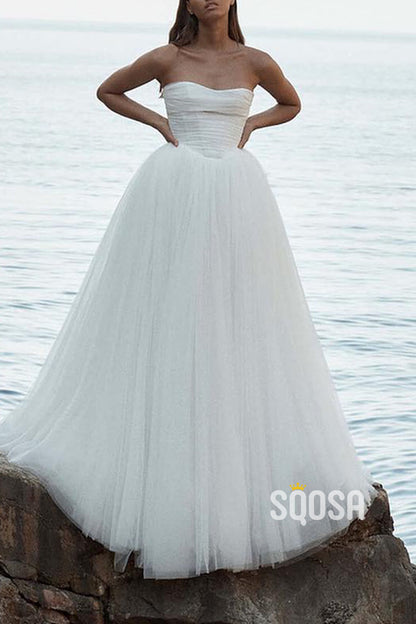 A-Line Tulle Sweetheart Strapless Empire With Train Wedding Dress QW8191