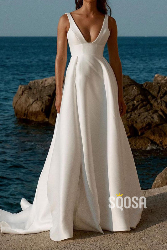 Satin A-Line V-Neck Sleeveless High Slit With Train Wedding Dress QW8190