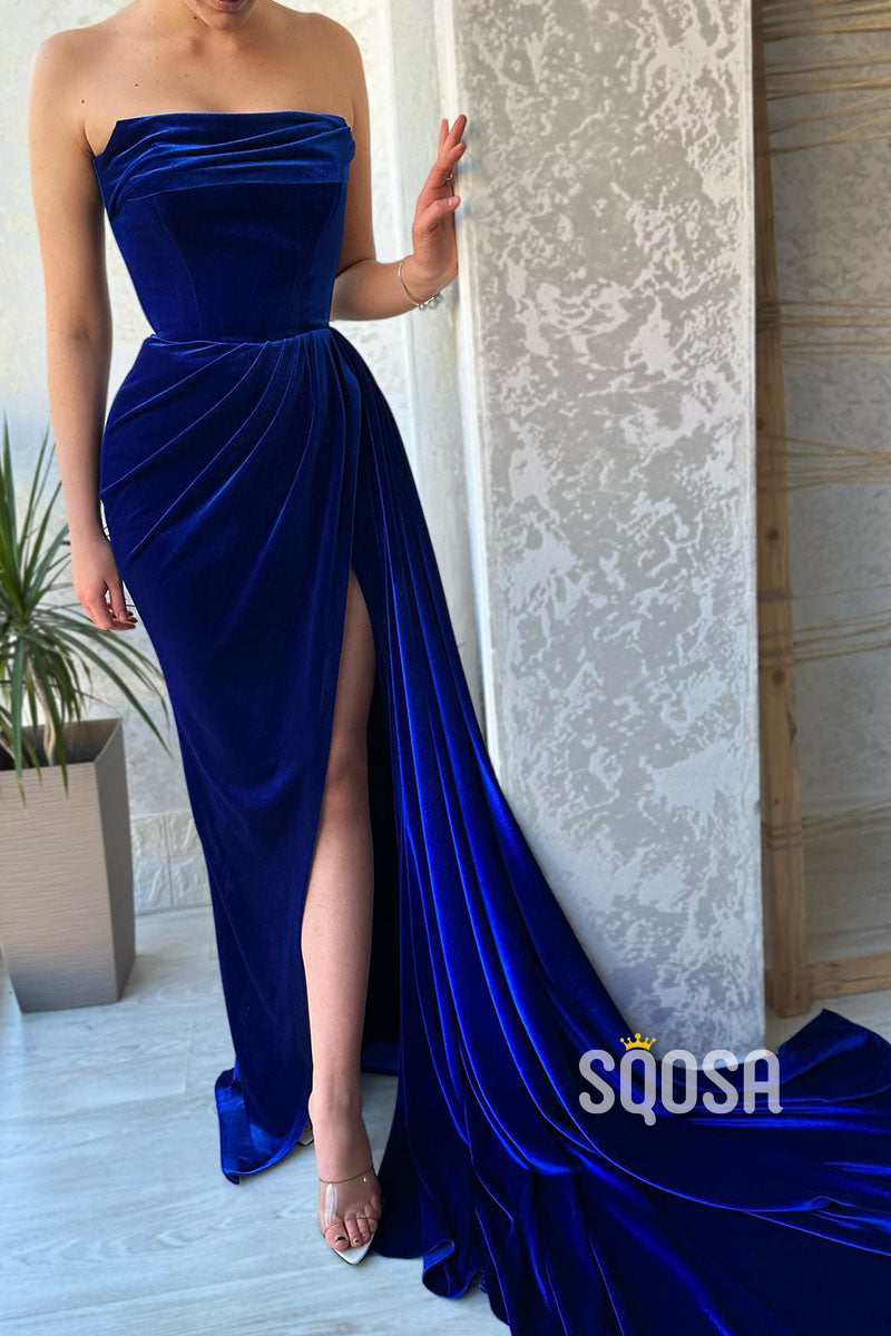 Royal Blue Strapless Velvet Pleats Long Train Split Sexy Prom Dress Pa SQOSA Royal Blue Strapless Velvet Pleats Long Train Split Sexy Prom Dress Pa SQOSA