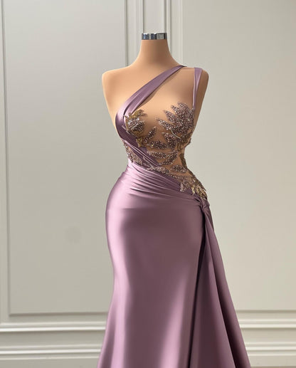 One shoulder Illusion Beaded Sweep Train Purple Long Prom Evening Dress QP3135 Custom Size / Custom Color One shoulder Illusion Beaded Sweep Train Purple Long Prom Evening Dress QP3135 Custom Size / Custom Color