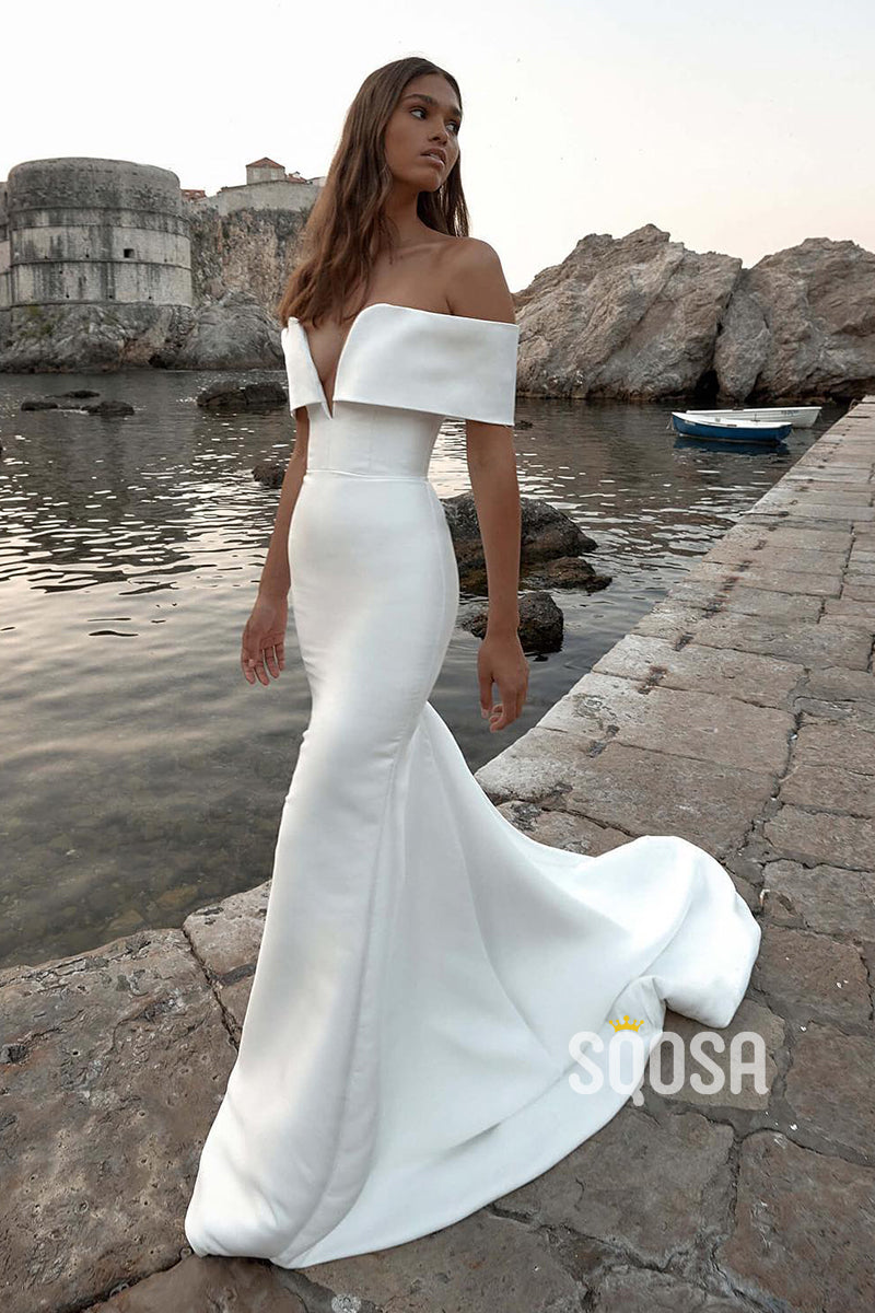 A-Line Off-Shoulder V-Neck Satin Wedding Dress Bridal Gowns with Train QW8057 US4 / Custom Color A-Line Off-Shoulder V-Neck Satin Wedding Dress Bridal Gowns with Train QW8057 US4 / Custom Color