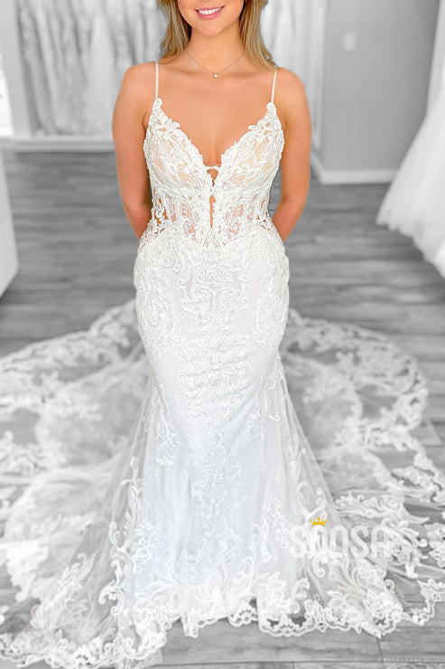 V Neck Spaghetti Straps Lace Appliques Mother of the Bride Dresses