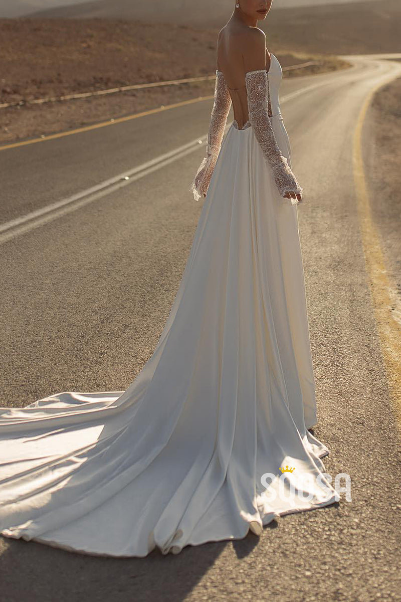 Strapless Fitted Pleats With Side Slit Detachable Train Wedding Dress QW8134 US12 / Lvory Strapless Fitted Pleats With Side Slit Detachable Train Wedding Dress QW8134 US12 / Lvory