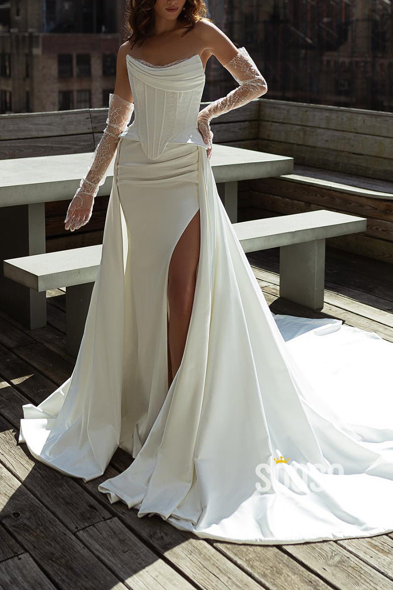 Strapless Ruched Lace Applique With Side Slit Train Wedding Dress QW81 – SQOSA