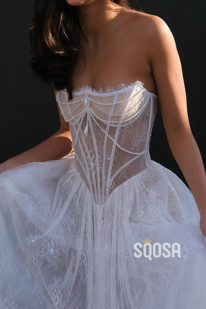 Lace A-Line Strapless Sheer Beaded Applique Wedding Dress QW8179