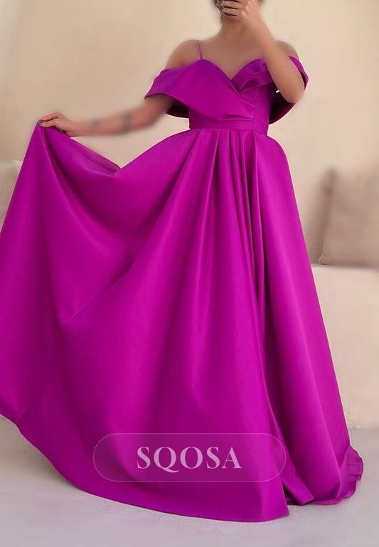 Satin A-Line Off-Shoulder Spaghetti Straps Party Prom Evening Dress QP3559