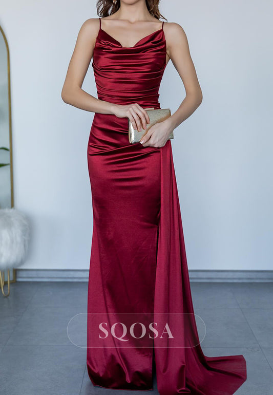 Satin Trumpet Spaghetti Straps Ruched With Side Slit Party Prom Evening Dress QP3565
