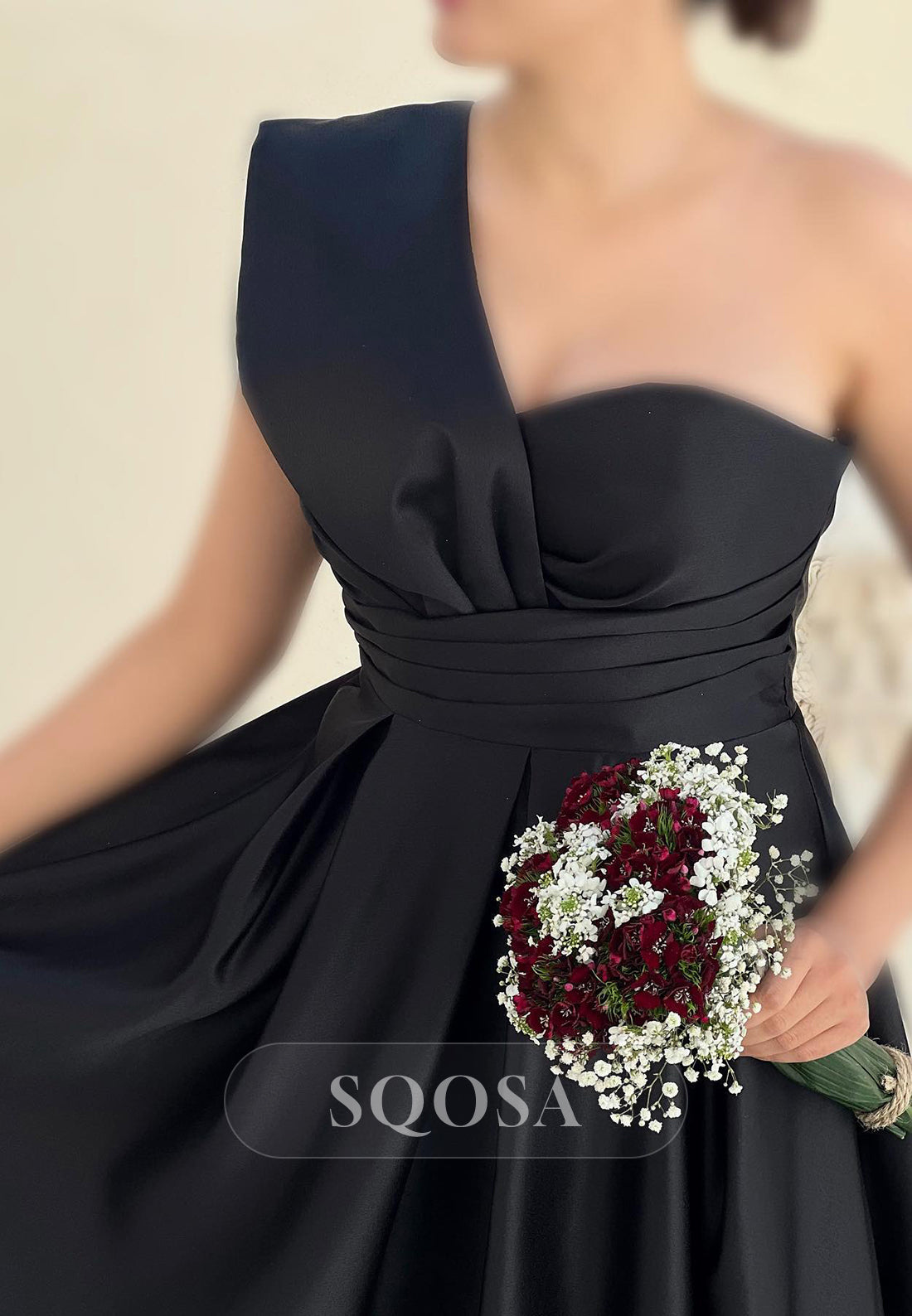 Satin A-Line One Shoulder Ruched Party Prom Evening Dress QP3556