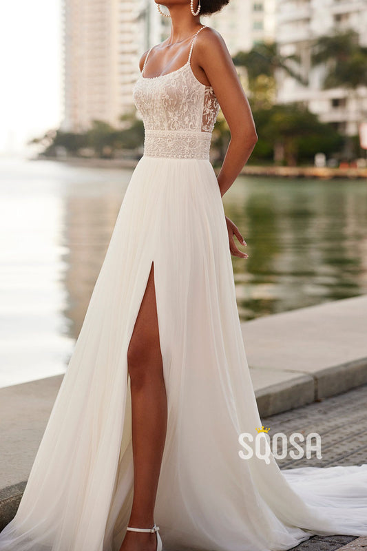 Bateau Spaghetti Straps Lace Applique With Side Slit Tulle Beach Wedding Dress QW8209
