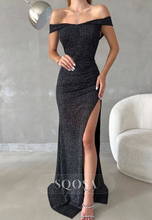 Chic Fitted Glitter Off-Shoulder With Side Slit Party Prom Evening Dress QP3544