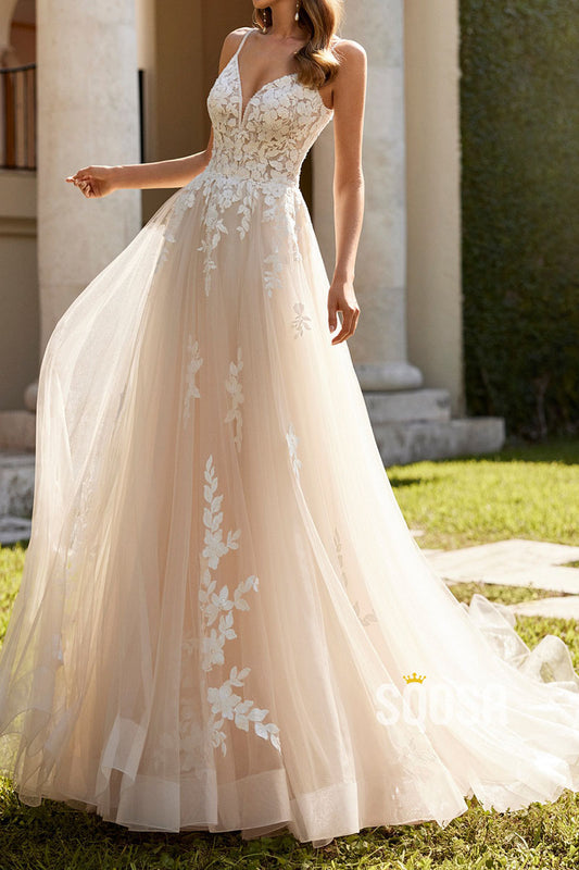A-Line V-Neck Spaghetti Straps Lace Applique Tulle Summer Wedding Dress QW8208
