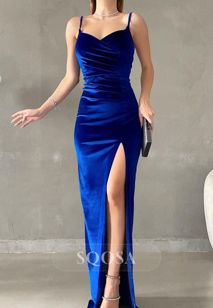 Simple Sweetheart Spaghetti Straps Sleeveless Pleated Floor-Length High Slit Mermaid Prom Dress