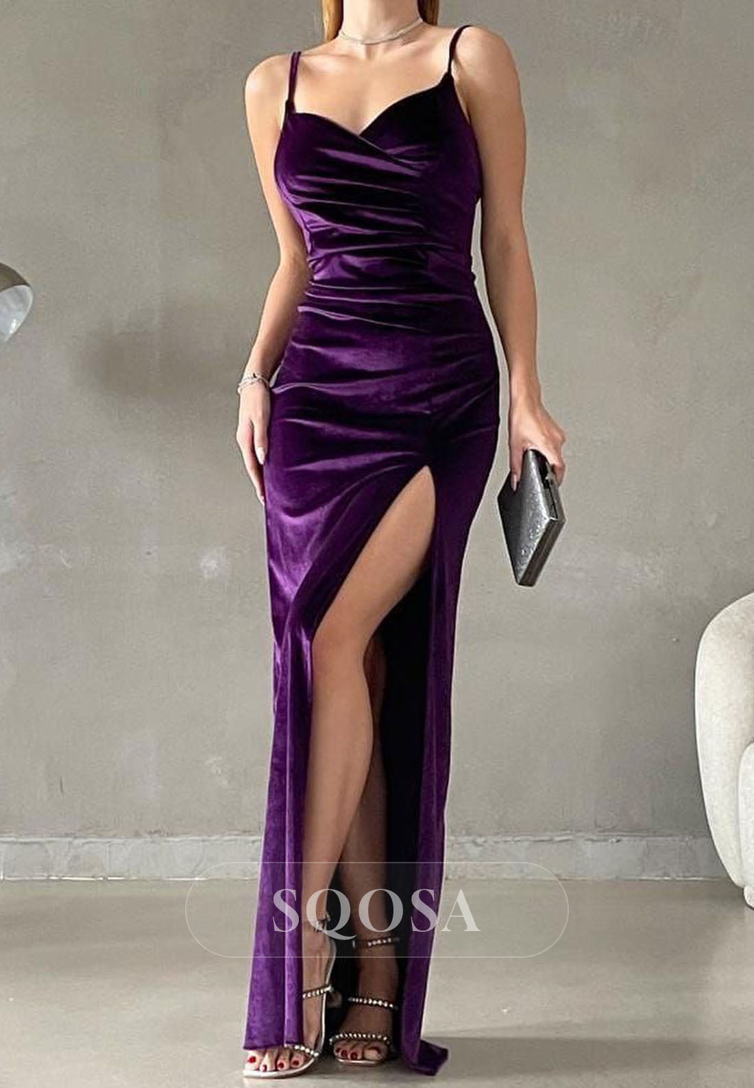 Simple Sweetheart Spaghetti Straps Sleeveless Pleated Floor-Length High Slit Mermaid Prom Dress