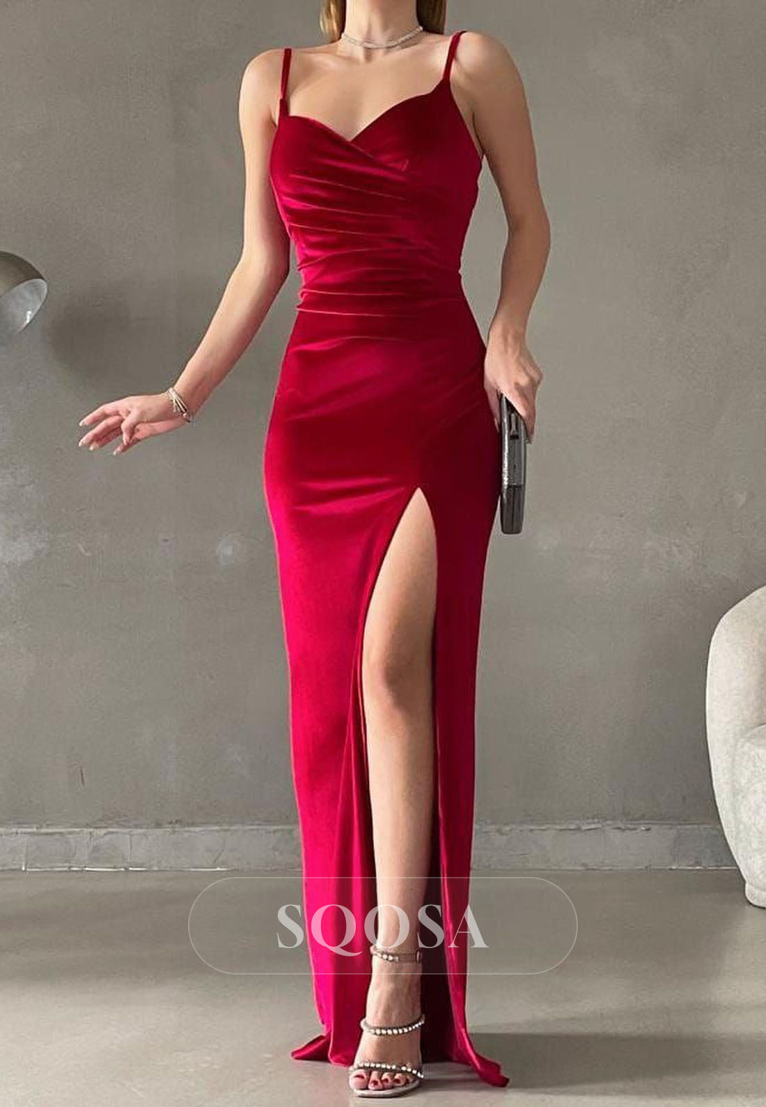 Simple Sweetheart Spaghetti Straps Sleeveless Pleated Floor-Length High Slit Mermaid Prom Dress