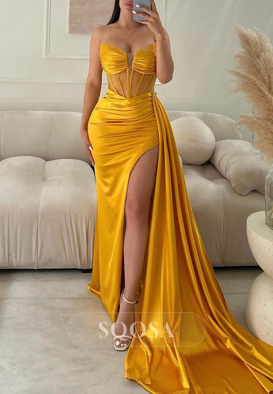 Beaded Sweetheart Off-Shoulder Sleeveless Pleated High Slit Mermaid Prom Dress with Sweep Train