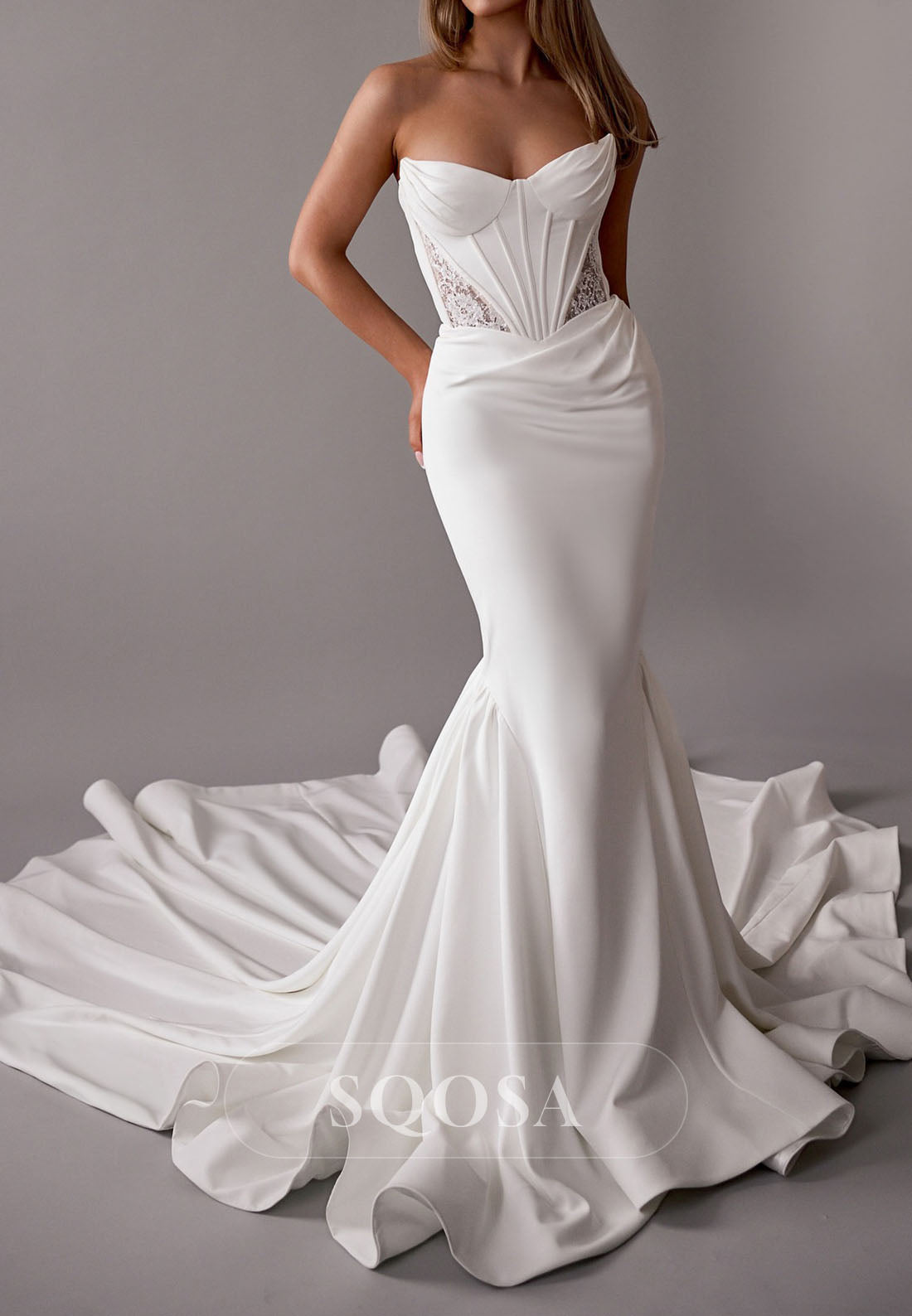 Sweetheart Sleeveless Off-Shoulder Pleated Cutout Satin Mermaid Wedding Dress with Train