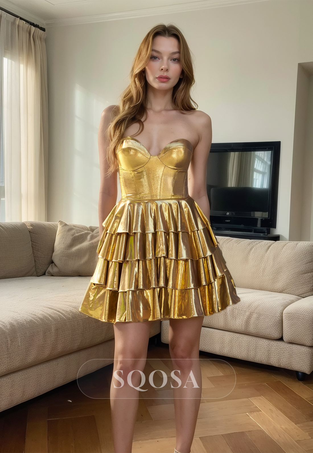 A Line Sweetheart Tiered Gold Homecoming Dress 2024 Short Graduation Dress