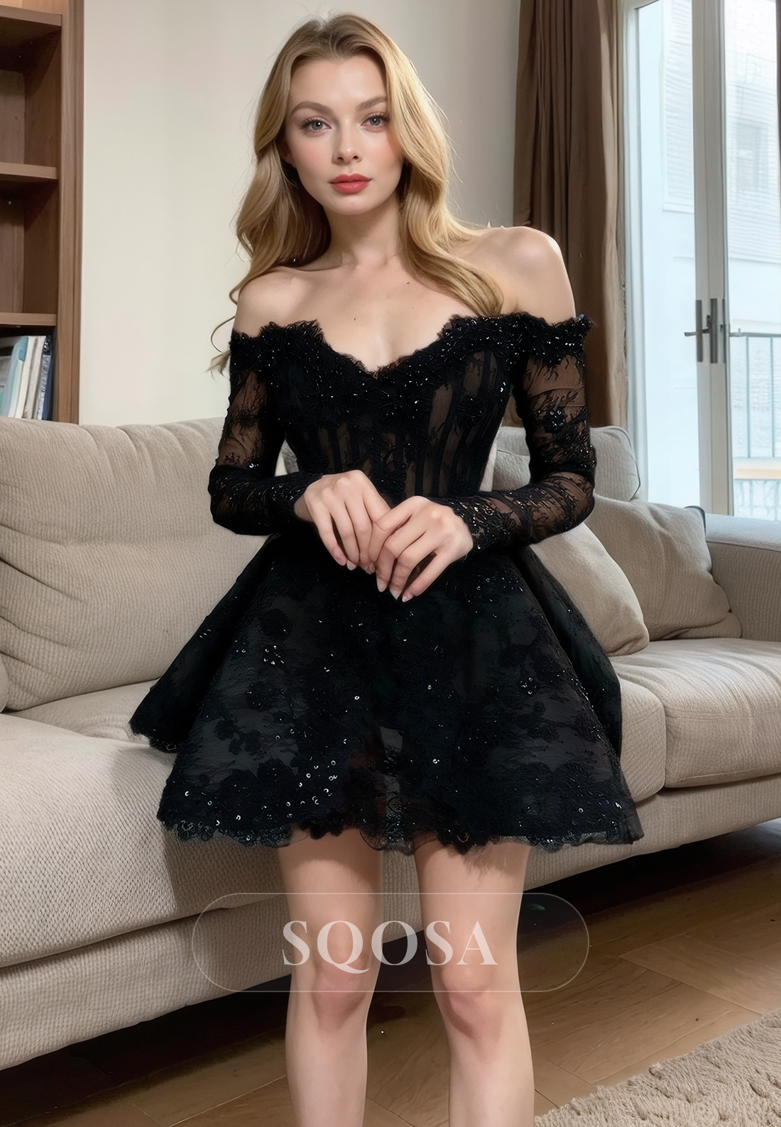 Off Shoulder Long Sleeves Lace Black Homecoming Dress Short Prom Dress