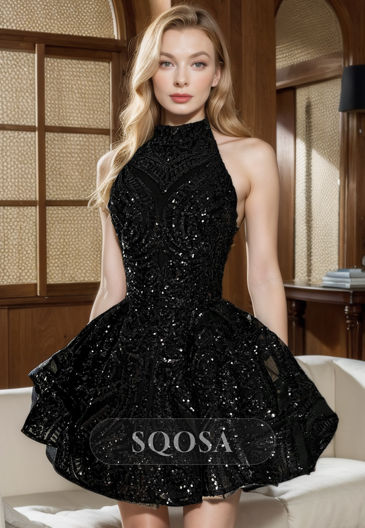 A Line High Neck Black Lace Homecoming Dress for Black Women Short Party Dress